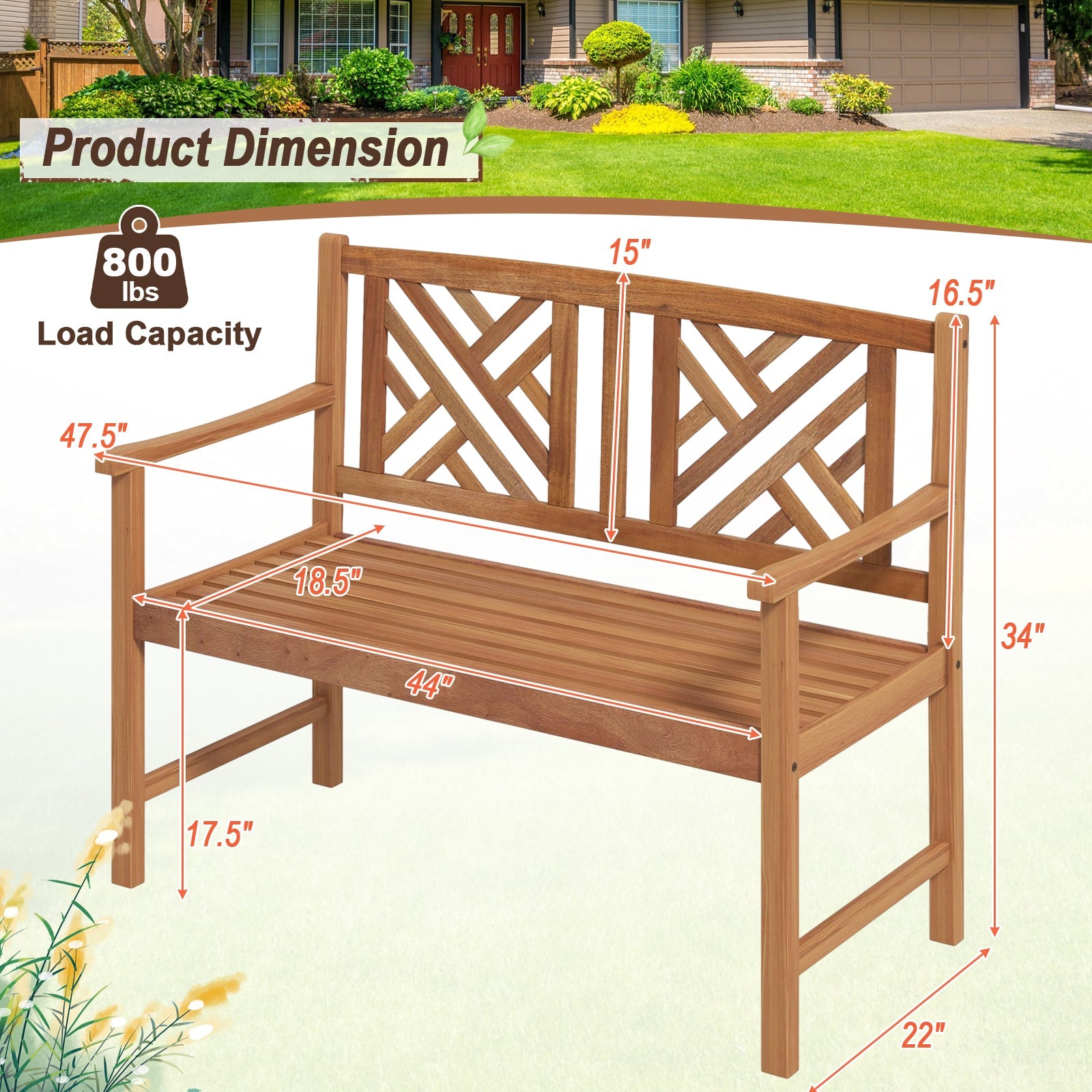2-Person Wooden Outdoor Bench with Cozy Armrest and Backrest, 800 lbs capacity, acacia wood, suitable for garden and patio.