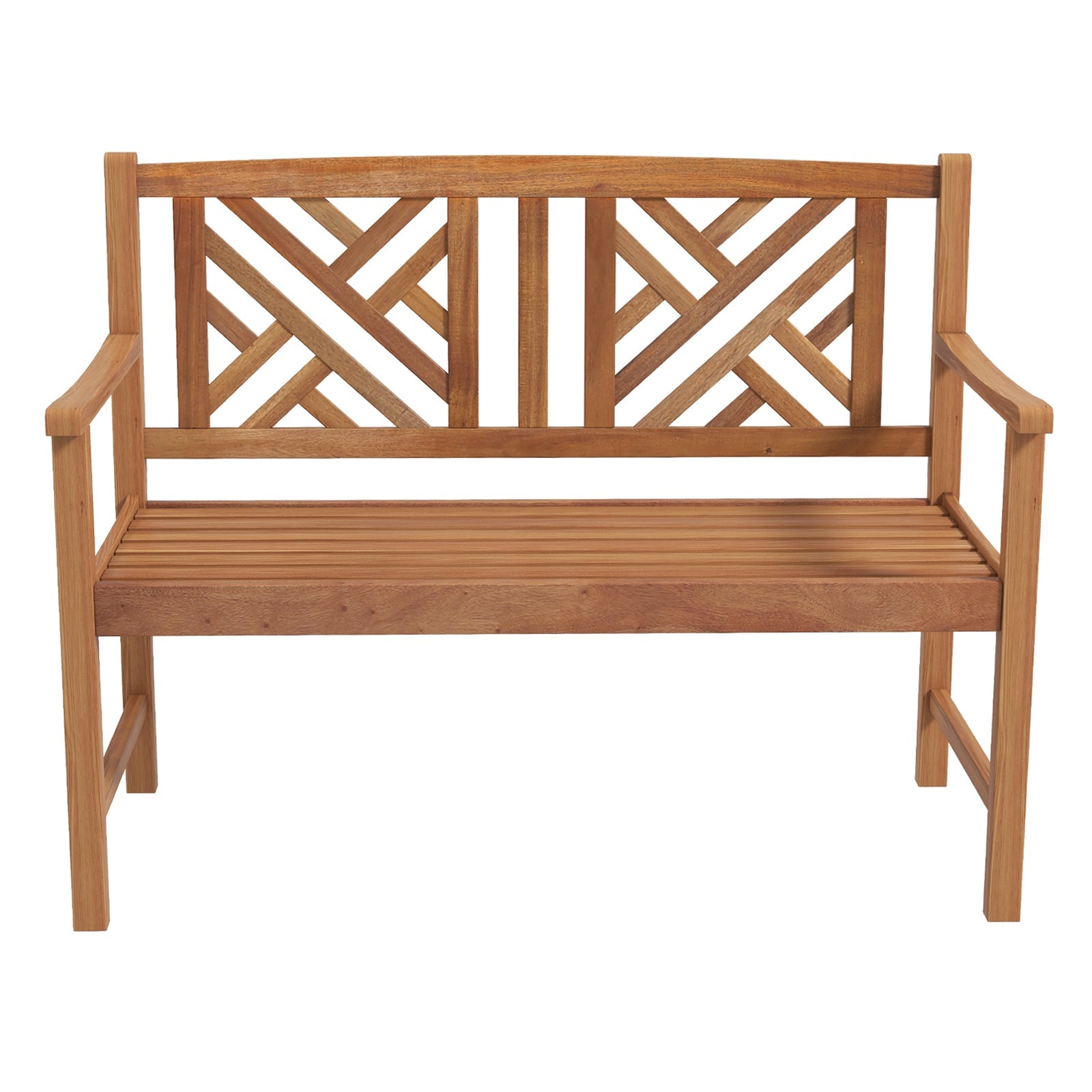 2-Person Wooden Outdoor Bench with Cozy Armrest and Backrest made of acacia wood featuring attractive patterns for garden or patio use