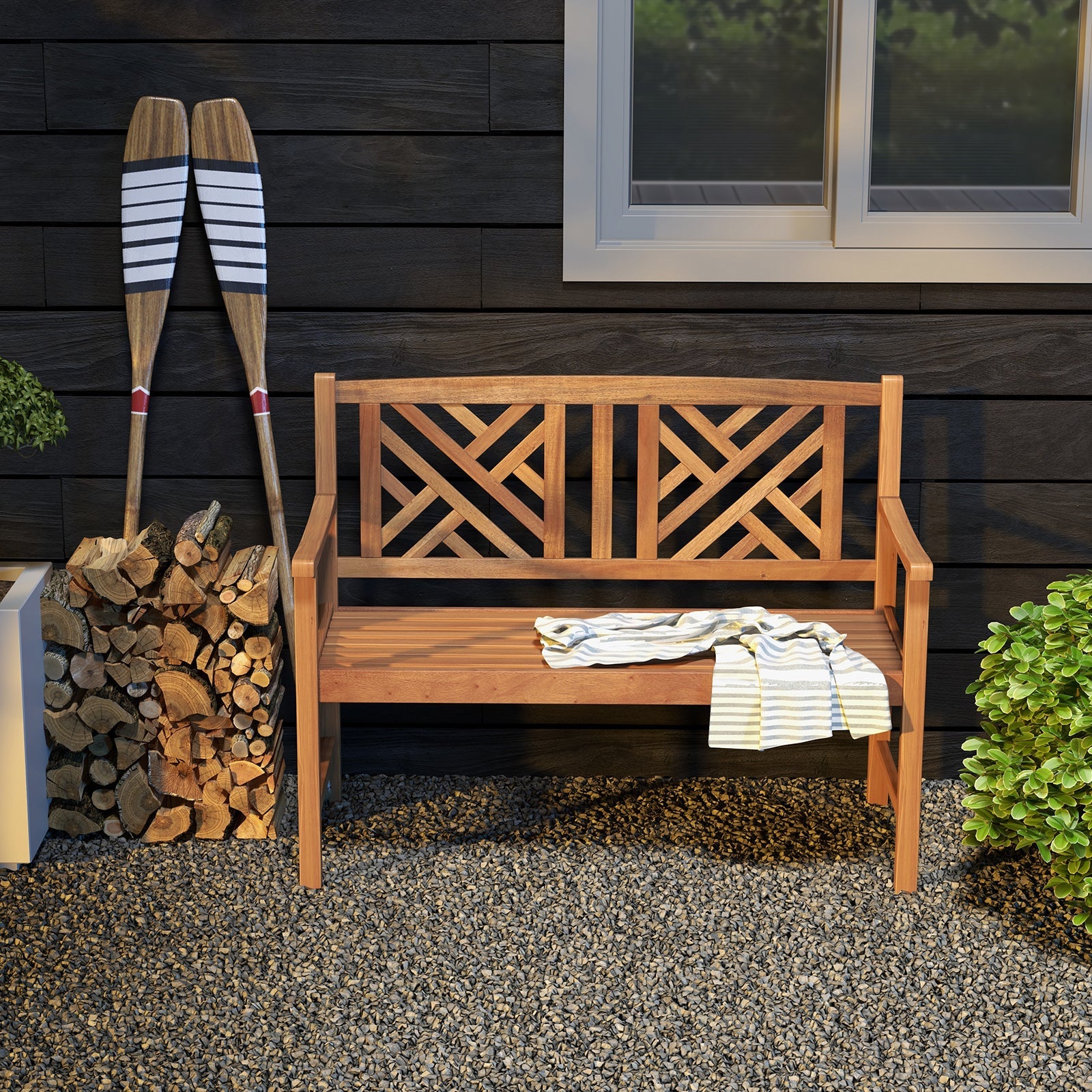 2-Person Wooden Outdoor Bench with Cozy Armrest and Backrest in a garden setting