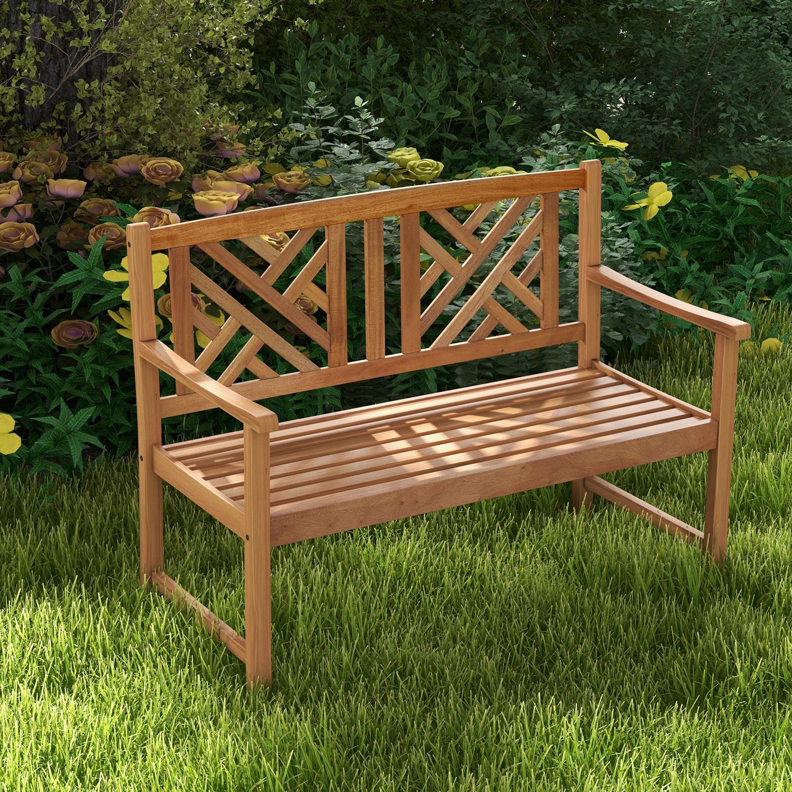 2-Person Wooden Outdoor Bench with Cozy Armrest and Backrest in garden setting