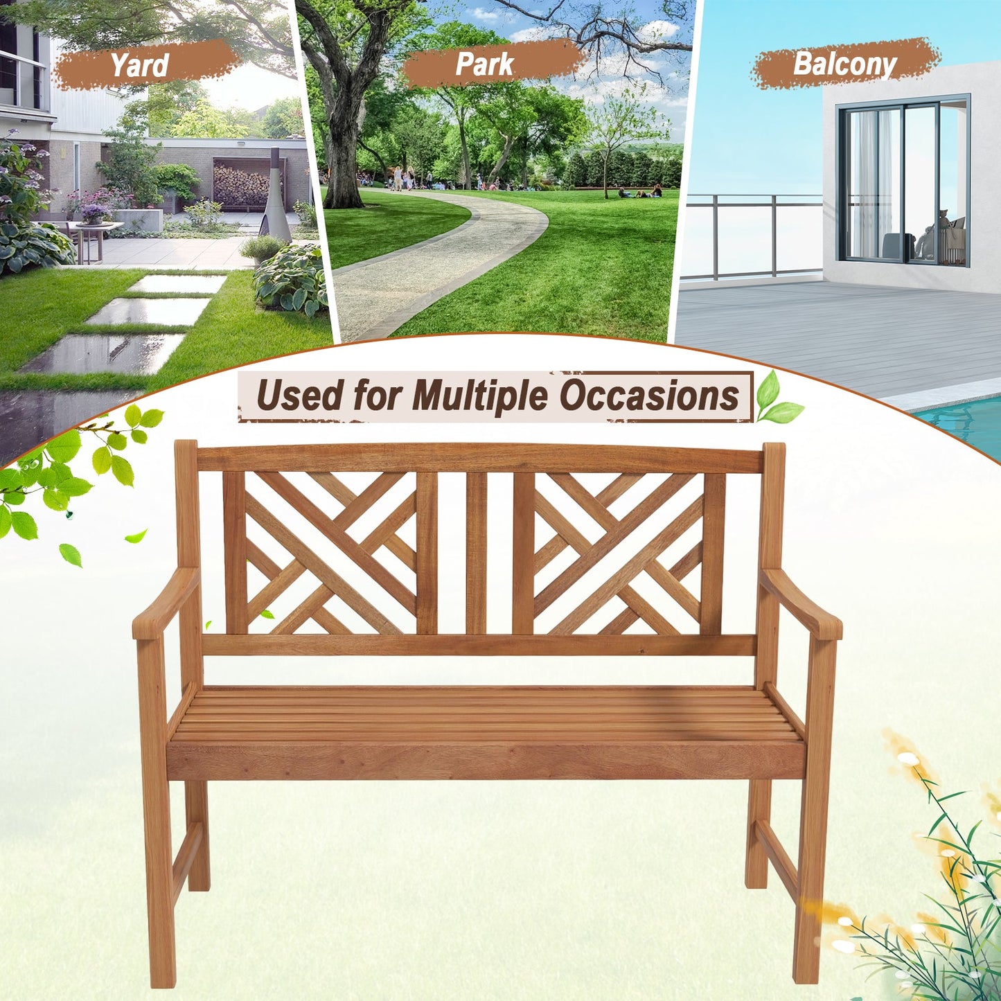 2-Person Wooden Outdoor Bench with Cozy Armrest and Backrest in yard, park, and balcony settings