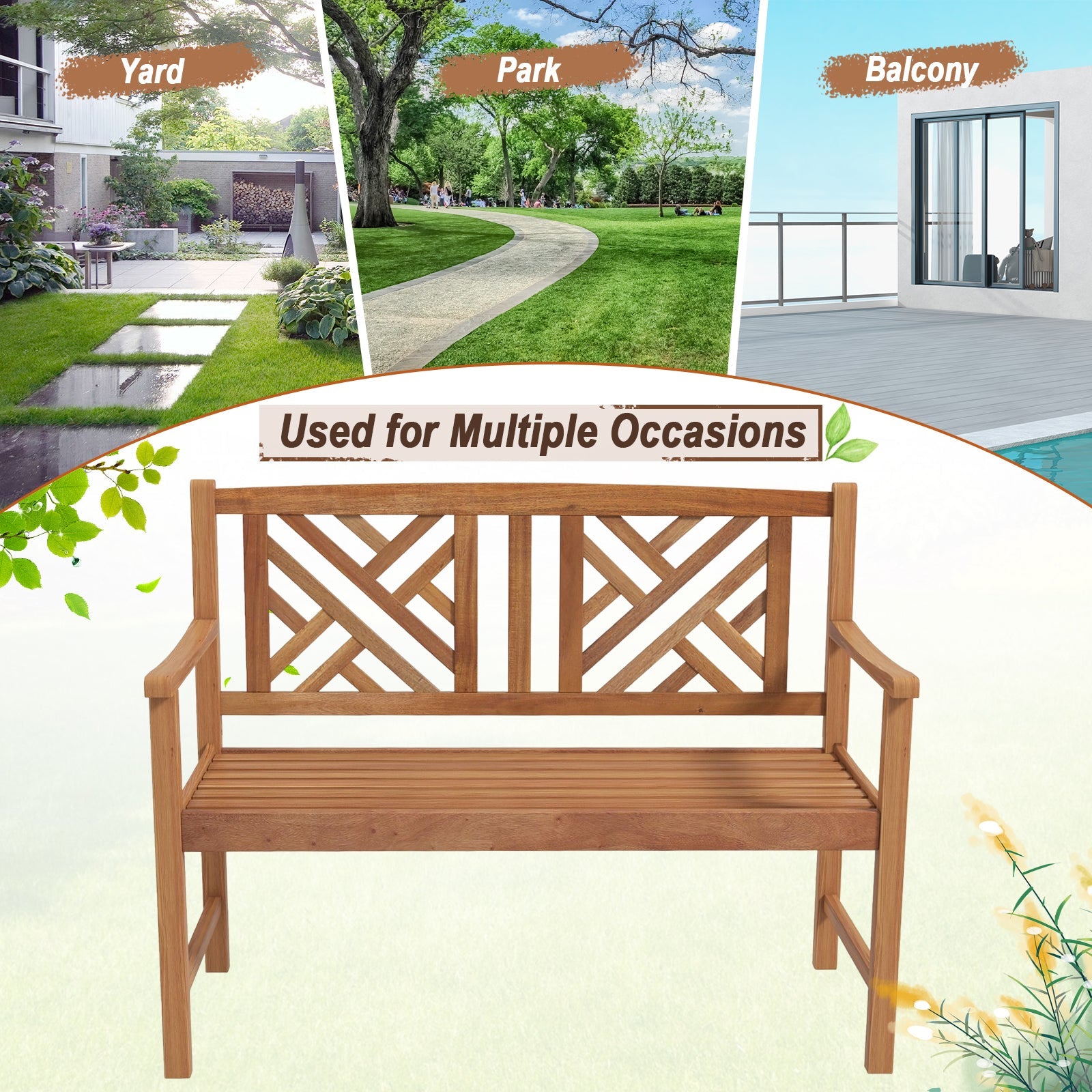 2-Person Wooden Outdoor Bench with Cozy Armrest and Backrest in yard, park, and balcony settings