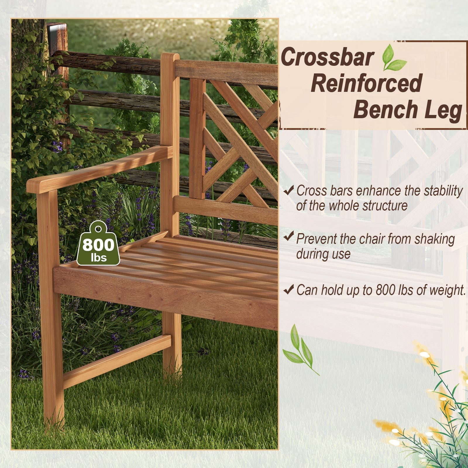 2-Person Wooden Outdoor Bench with Cozy Armrest and Backrest featuring crossbar reinforced legs for 800 lbs weight capacity.