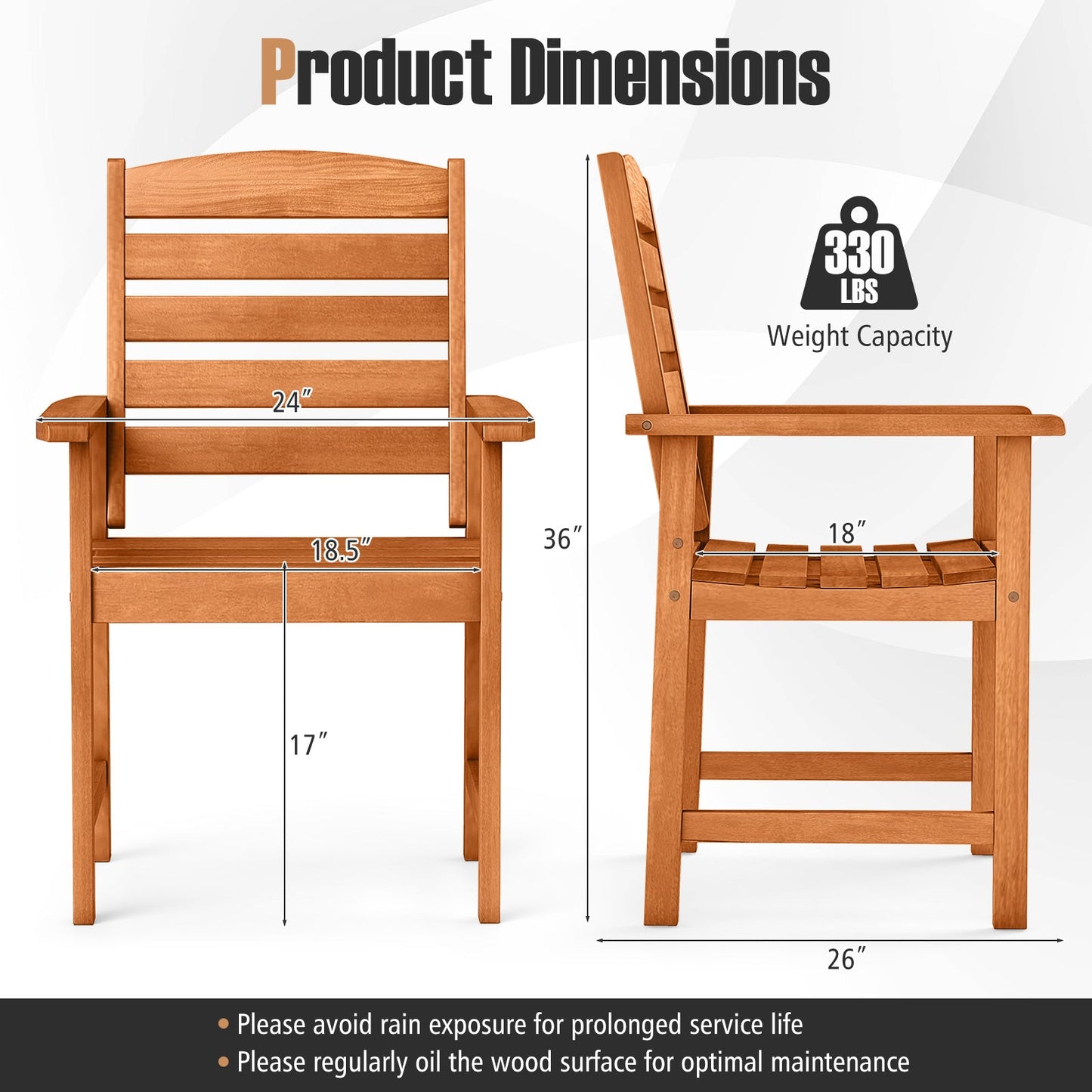 Outdoor Wooden Dining Chairs with Inclined Backrests and Slatted Seats featuring product dimensions and weight capacity details