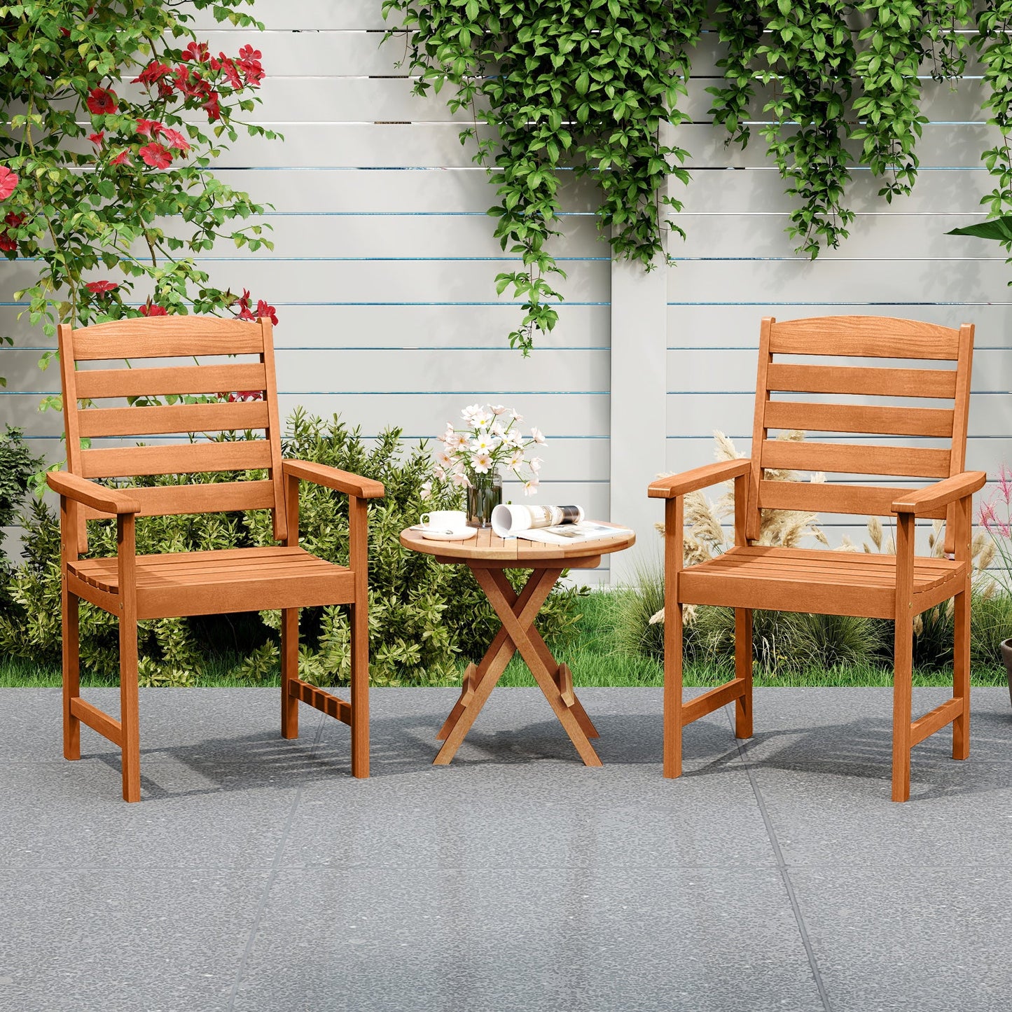 Outdoor Wooden Dining Chairs with Inclined Backrests and Slatted Seats for garden use, showcasing solid wood and ergonomic design.