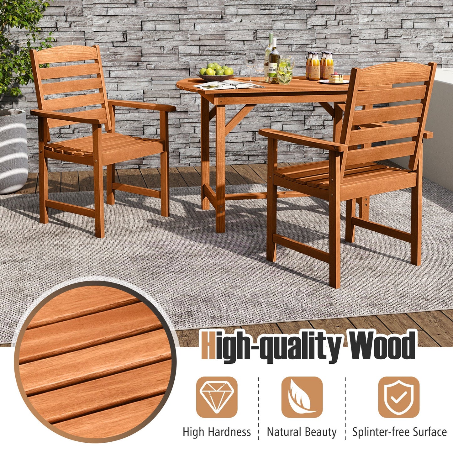Outdoor Wooden Dining Chairs with Inclined Backrests and Slatted Seats in a rustic garden setting, enhancing natural charm.