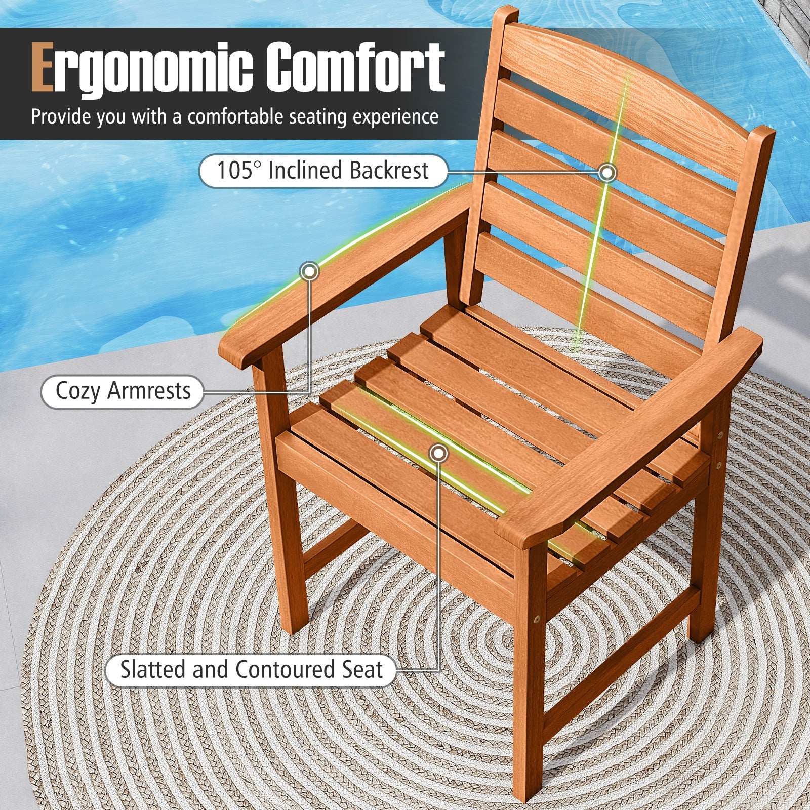 Outdoor Wooden Dining Chairs with Inclined Backrests and Slatted Seats featuring ergonomic design with cozy armrests and slatted seat.