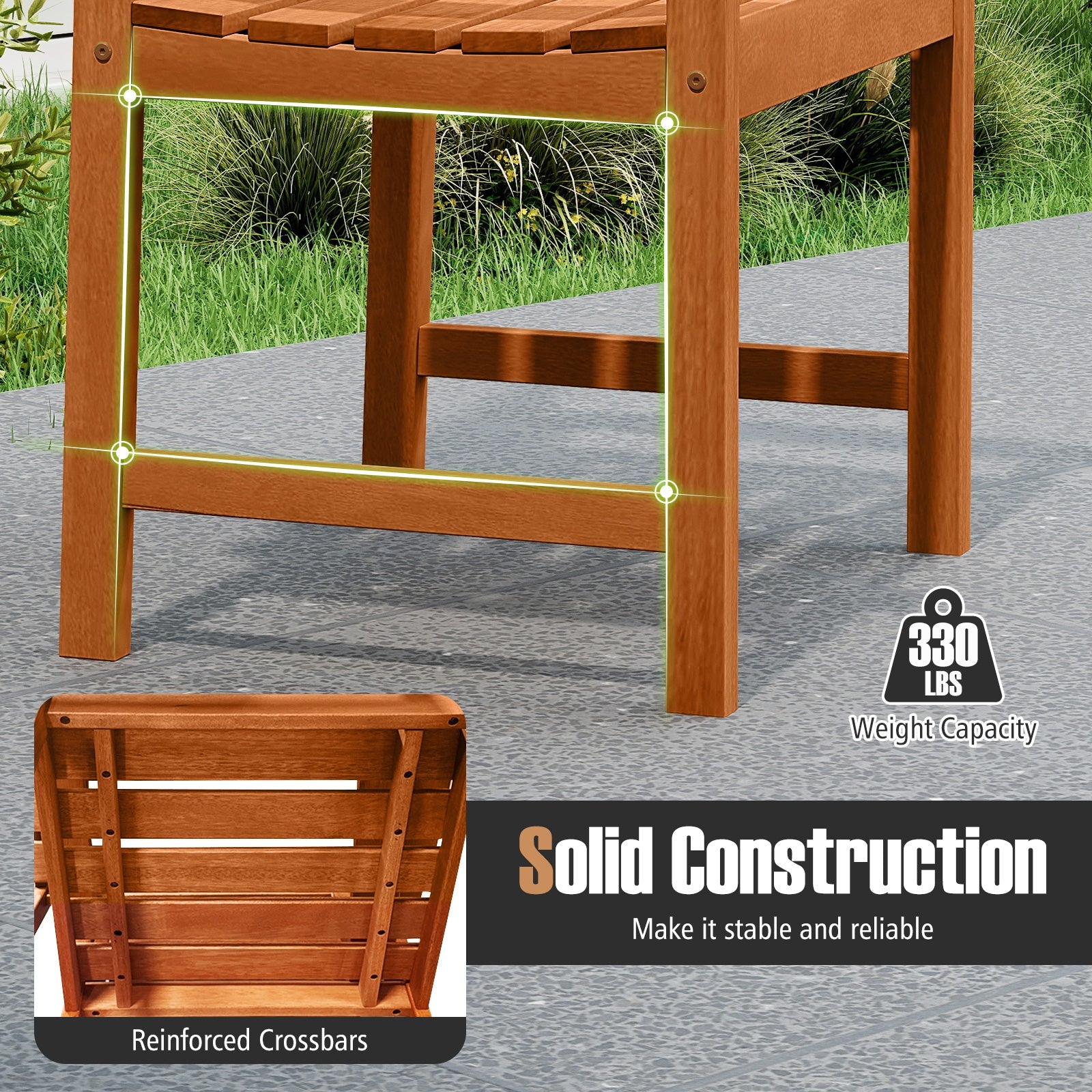 Outdoor Wooden Dining Chairs with Inclined Backrests and Slatted Seats showcasing solid construction and reinforced crossbars