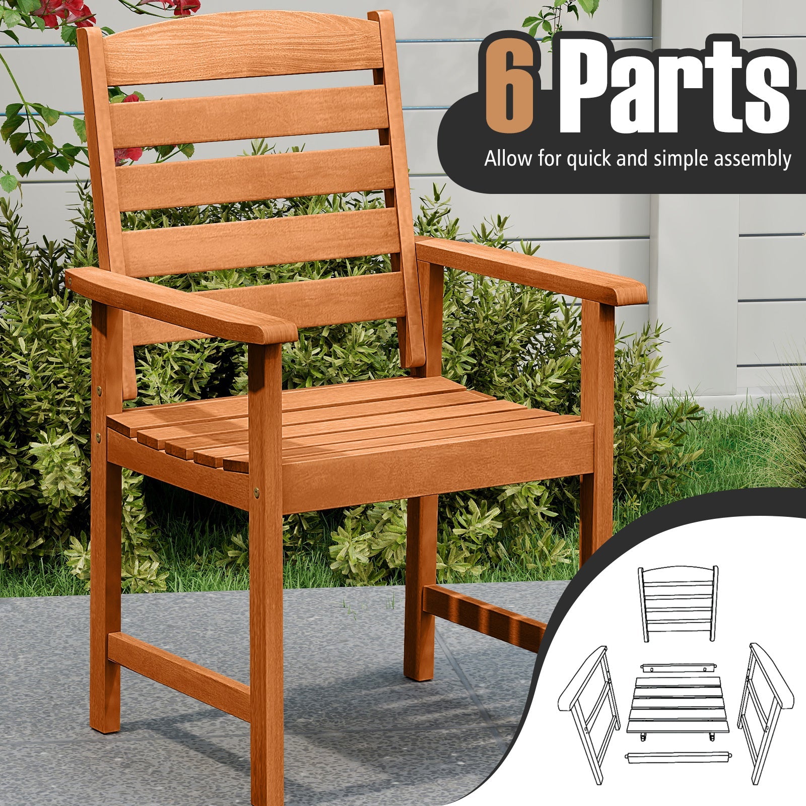 Outdoor Wooden Dining Chairs with Inclined Backrests and Slatted Seats, featuring easy assembly in 6 parts, displayed on a patio.