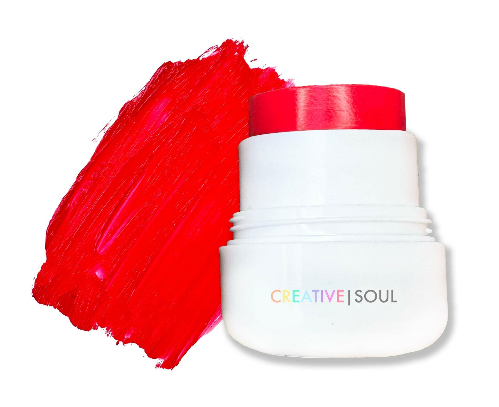 Panic Pink cream blush in vibrant strawberry shade with smooth satin-matte finish by Creative Soul; vegan and cruelty-free.