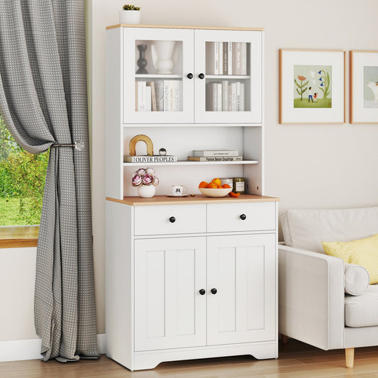 Pantry Cabinet with 2 Removable Shelves-White featuring glass doors, bottom storage, and drawers in living room setting.