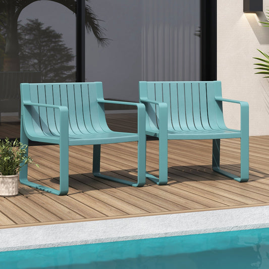 Patio Chairs Set of 2 with Curved Backrests and Seats-Blue on poolside deck