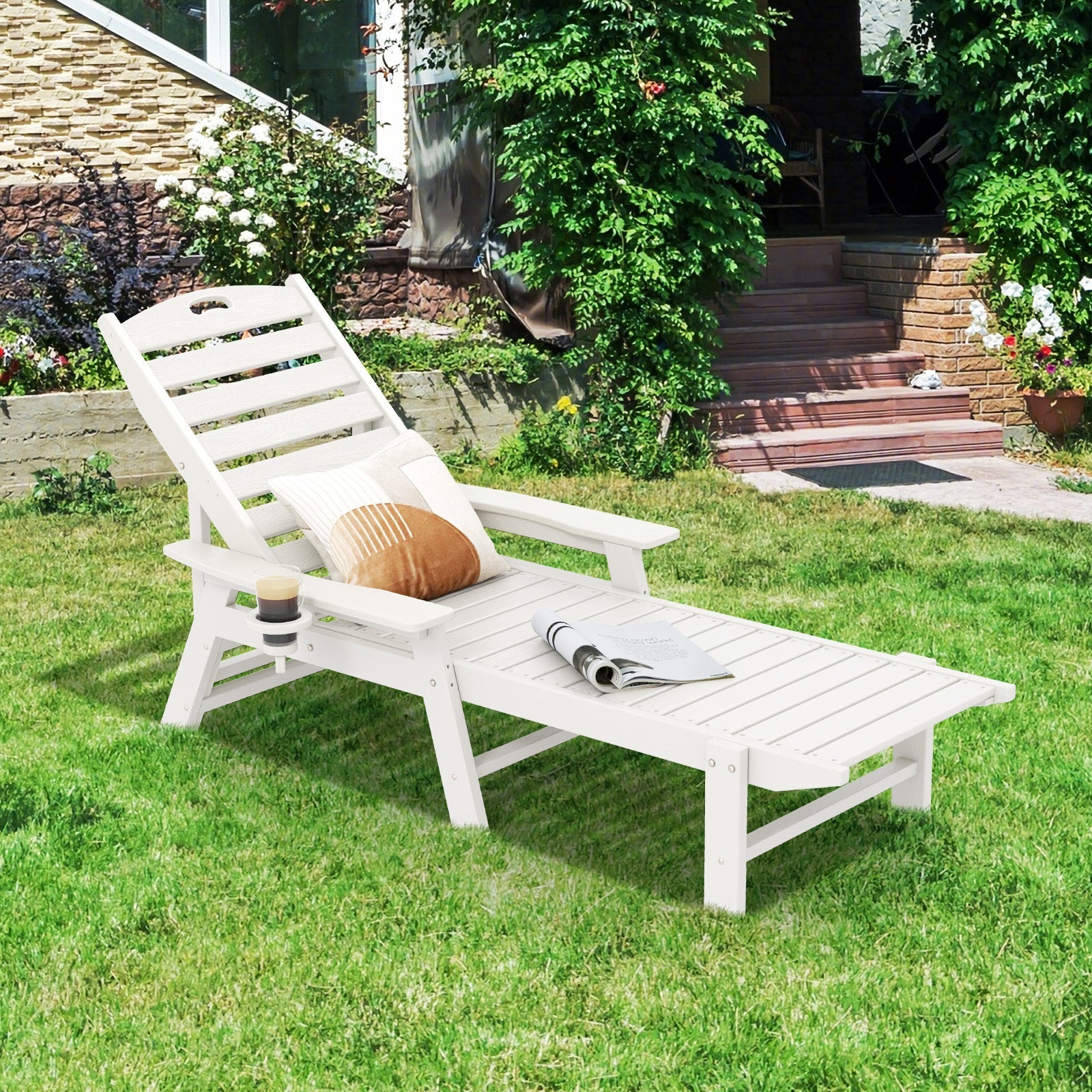 Patio Chaise Lounge Chair with 4 Position Backrest-White in garden setting, featuring HDPE material, cup holder, and adjustable backrest.