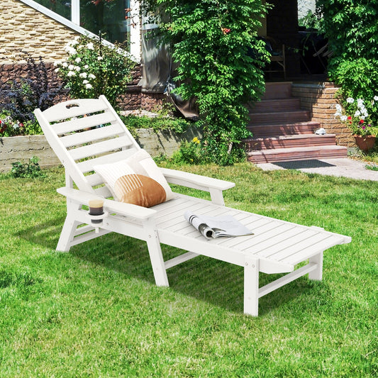 Patio Chaise Lounge Chair with 4 Position Backrest-White in garden setting, featuring HDPE material, cup holder, and adjustable backrest.