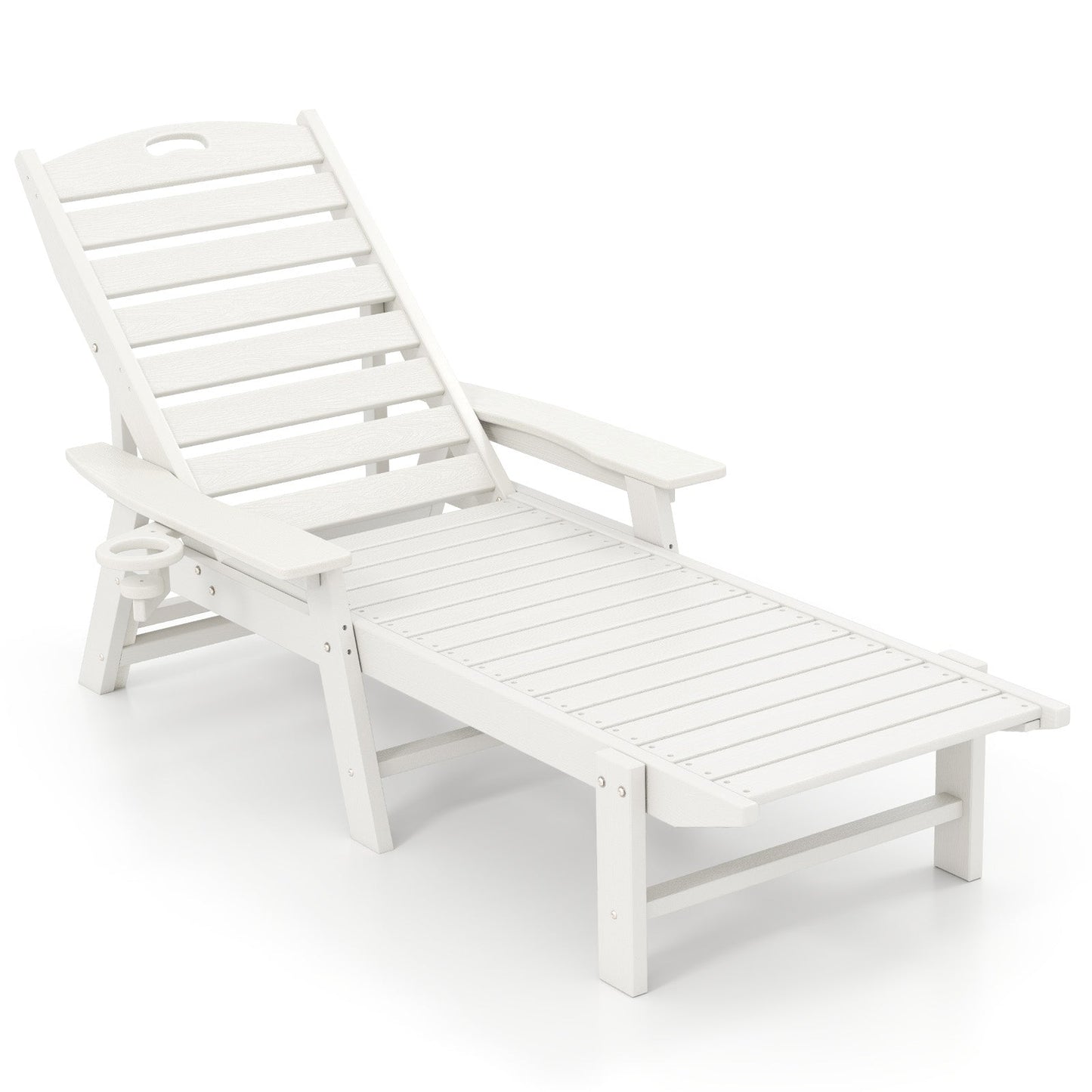 Patio Chaise Lounge Chair with 4 Position Backrest-White, adjustable backrest, cup holder, HDPE material, comfortable outdoor seating.
