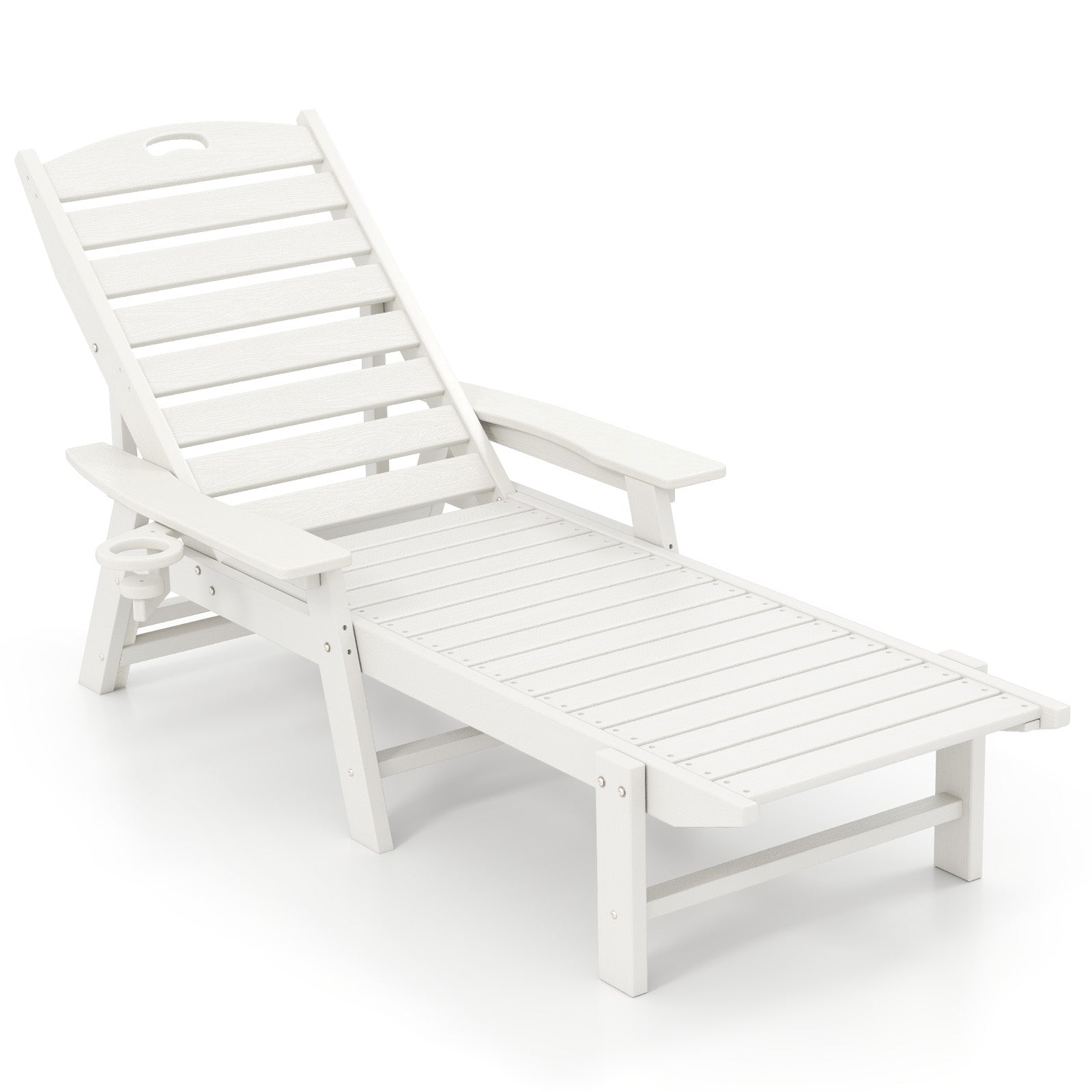 Patio Chaise Lounge Chair with 4 Position Backrest-White, adjustable backrest, cup holder, HDPE material, comfortable outdoor seating.