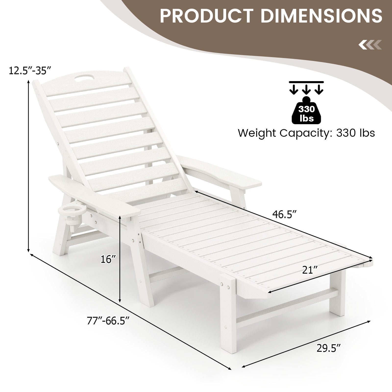 Product dimensions of Patio Chaise Lounge Chair with 4 Position Backrest-White showing measurements and weight capacity.
