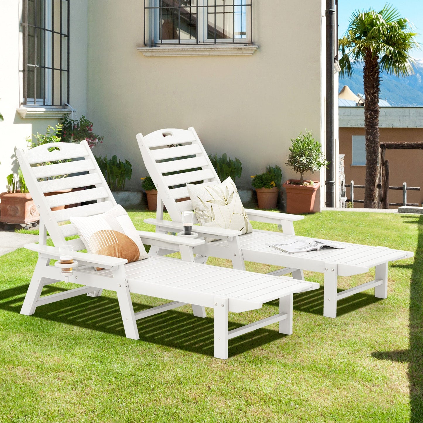 Patio Chaise Lounge Chair with 4 Position Backrest-White, weatherproof HDPE with stainless steel screws, adjustable for comfort