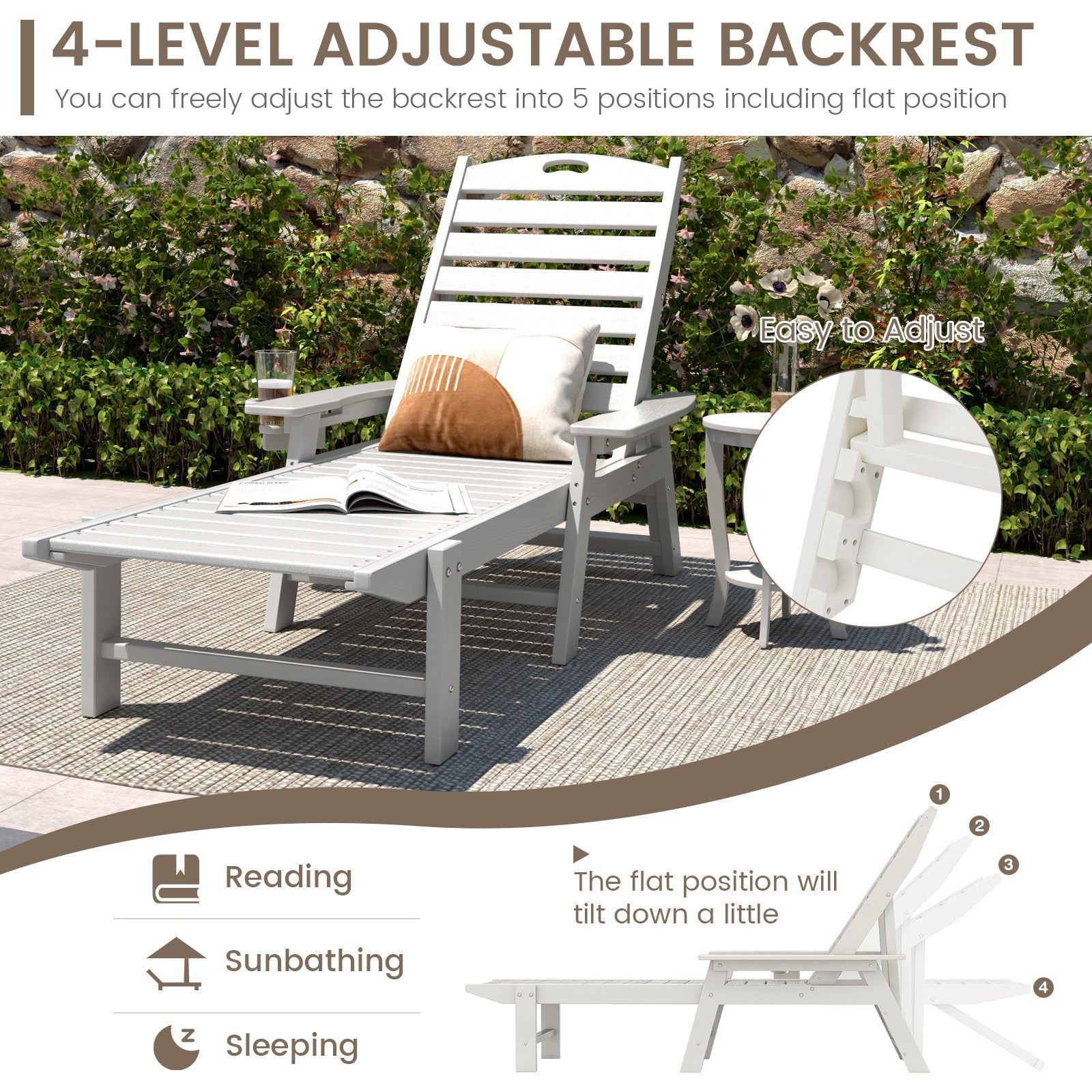 Patio Chaise Lounge Chair with 4 Position Backrest-White featuring adjustable backrest and cup holder in garden setting.