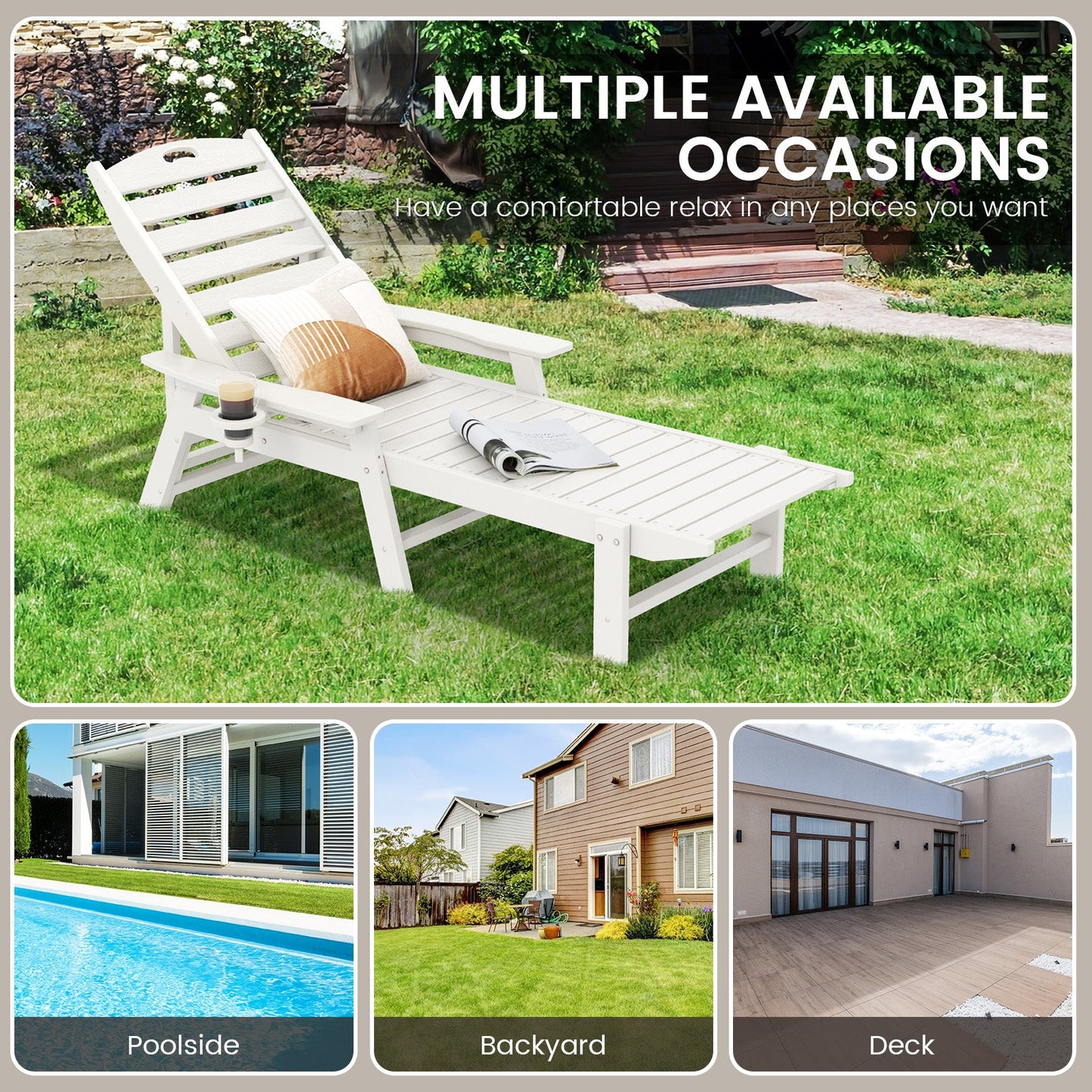 Patio Chaise Lounge Chair with 4 Position Backrest-White by poolside, backyard, or deck