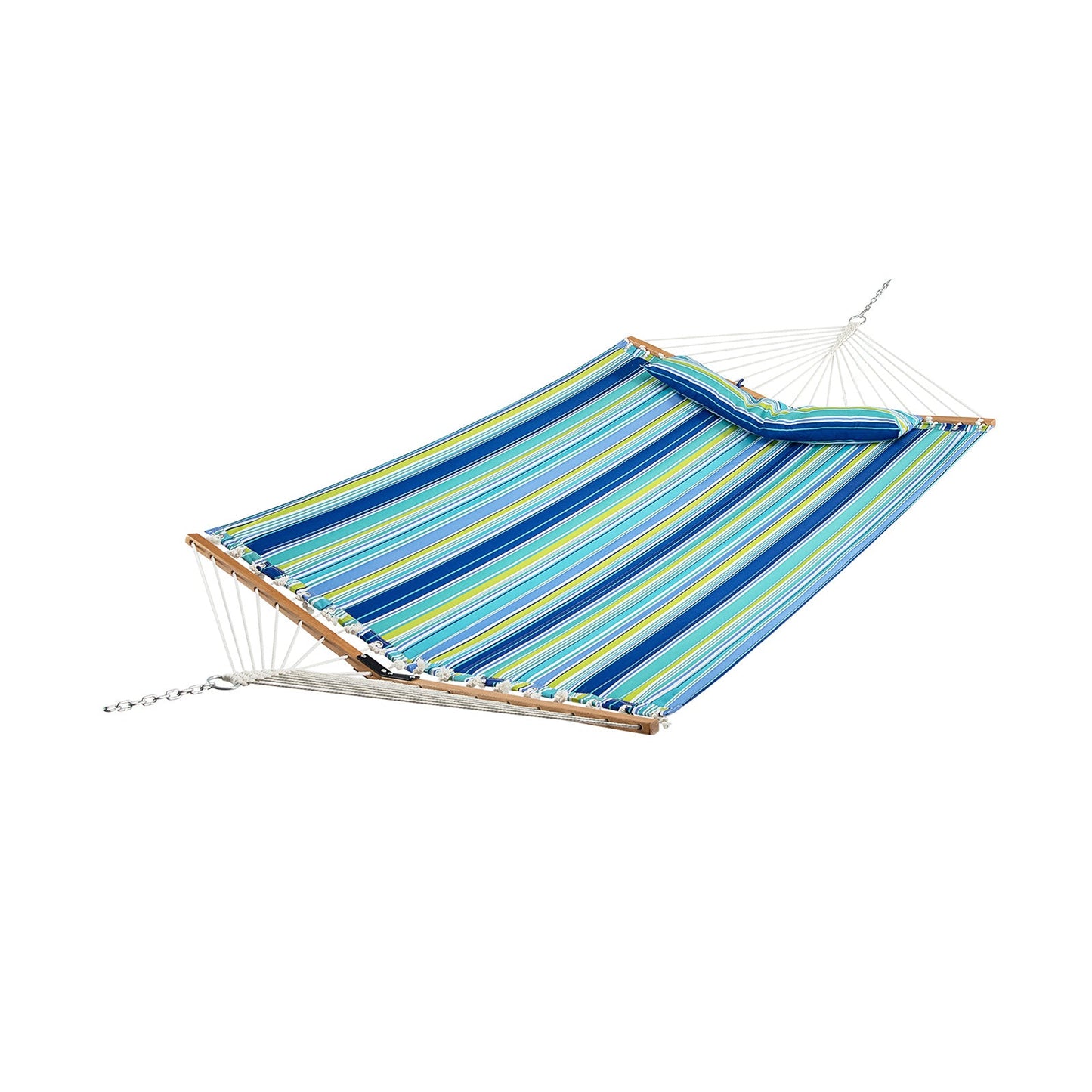 Patio Hammock Foldable Portable Swing Chair Bed with Detachable Pillow in blue and green stripes for indoor and outdoor use
