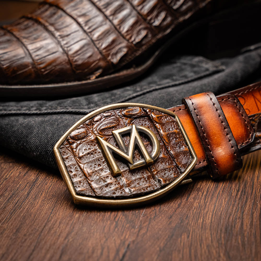 Phoenix Aged Brown Caiman Belly Skin Cowboy Boot and Belt with Emblem