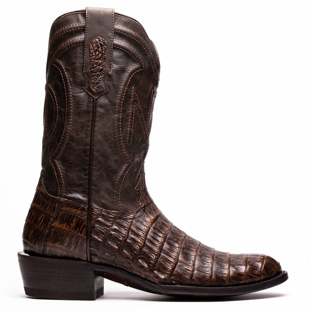 Phoenix Aged Brown cowboy boot with caiman belly leather and round toe design from Western Collection