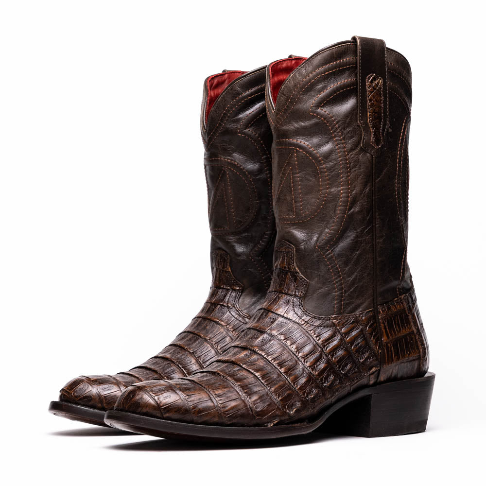 Phoenix Aged Brown cowboy boots made of genuine caiman belly skin and full-grain leather from the Western Collection, featuring a round toe.