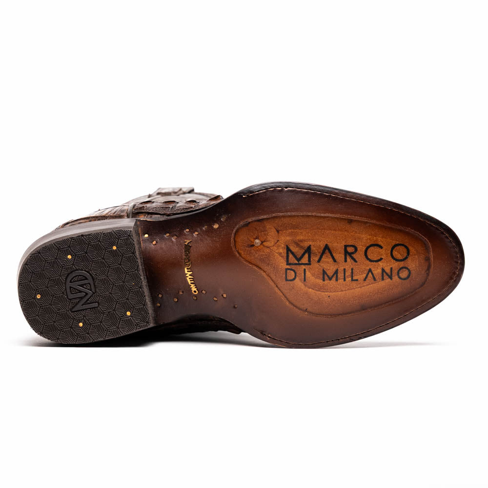 Phoenix Aged Brown cowboy boot sole with Marco di Milano branding.