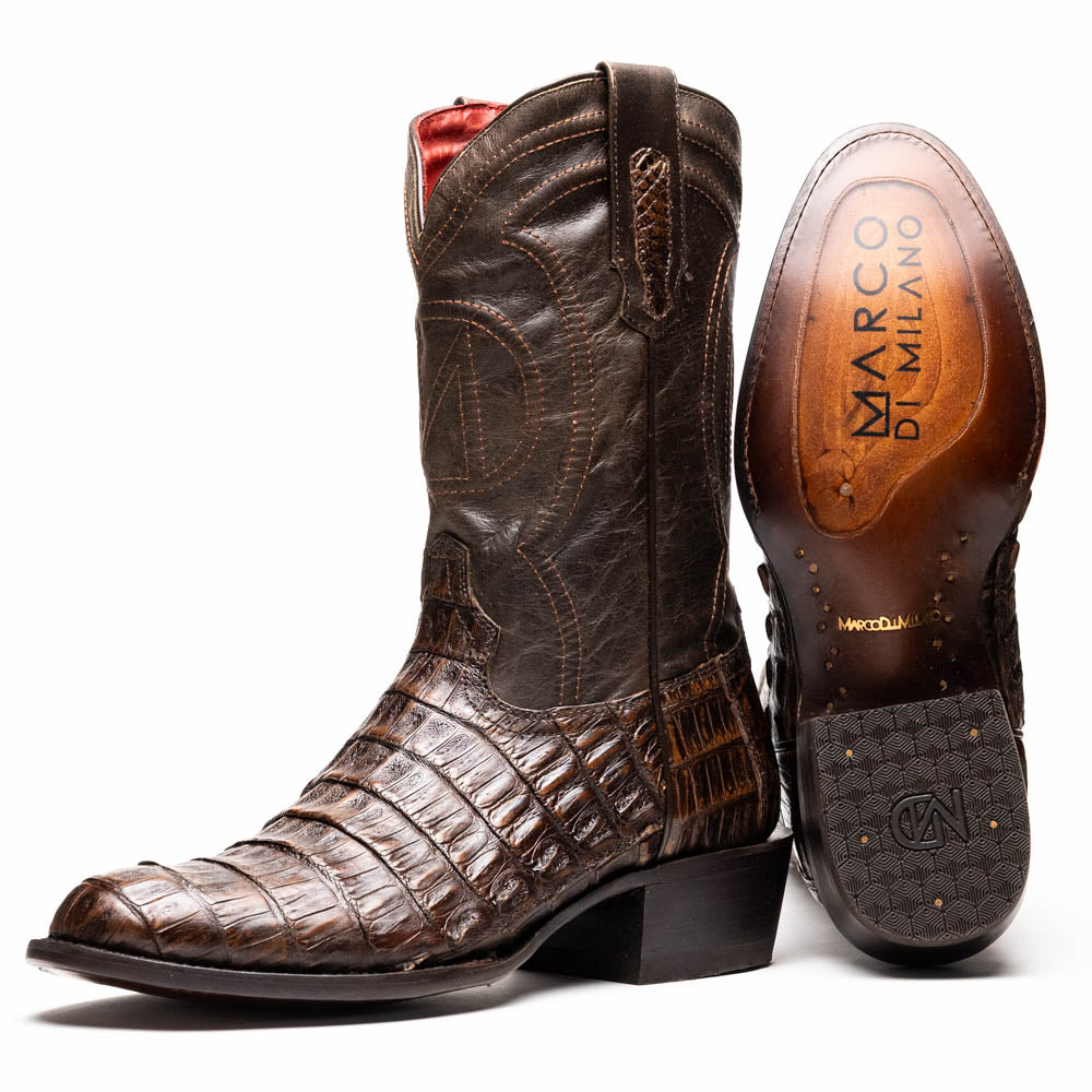 Phoenix Aged Brown cowboy boot made with genuine caiman belly skin and full-grain leather, showcasing Western power and presence.