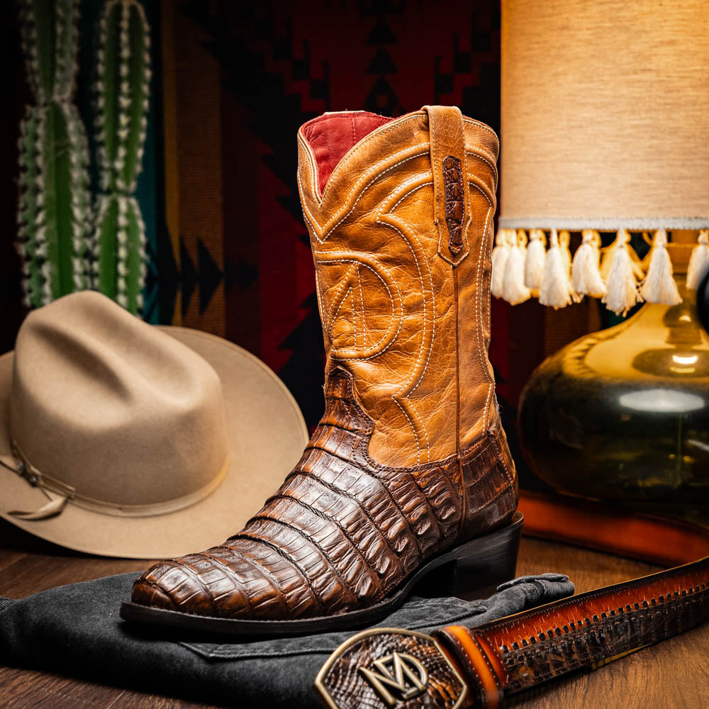 Phoenix Aged Maple genuine caiman belly skin cowboy boot with full-grain leather shaft, smooth texture, and round toe design.