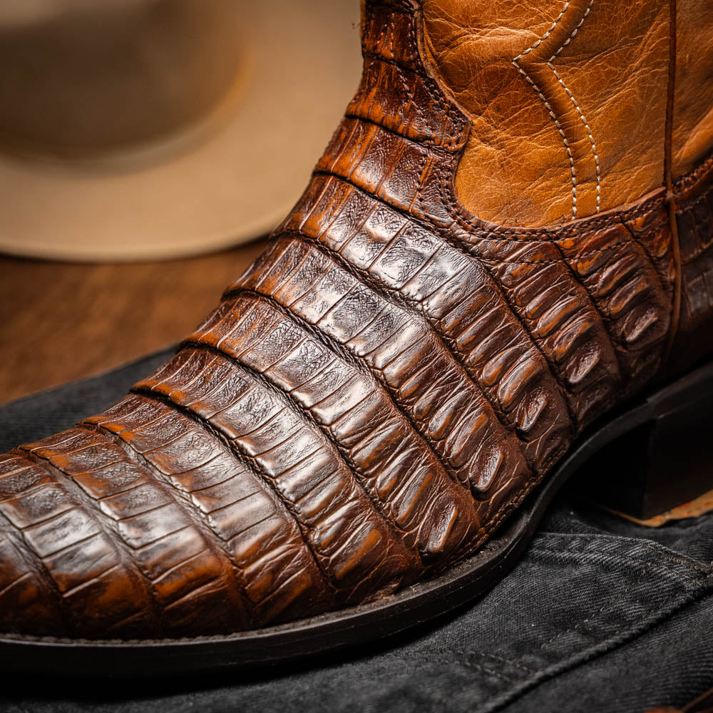 Phoenix Aged Maple caiman belly skin cowboy boot close-up with smooth texture and subtle scale pattern.