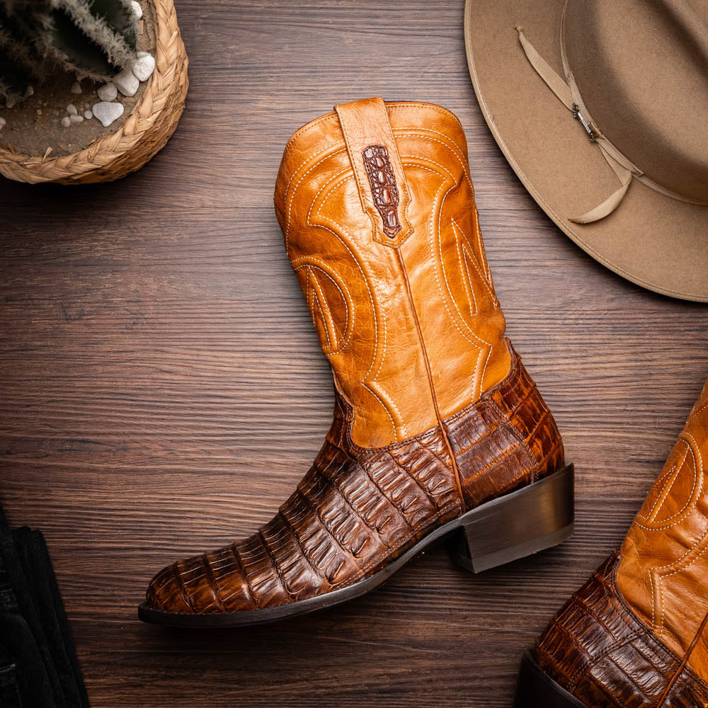 Phoenix Aged Maple cowboy boot in caiman belly skin and full-grain leather