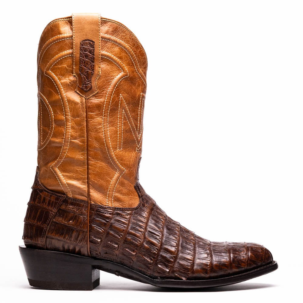 Phoenix Aged Maple cowboy boot with genuine caiman belly skin and full-grain leather shaft from the Western Collection.