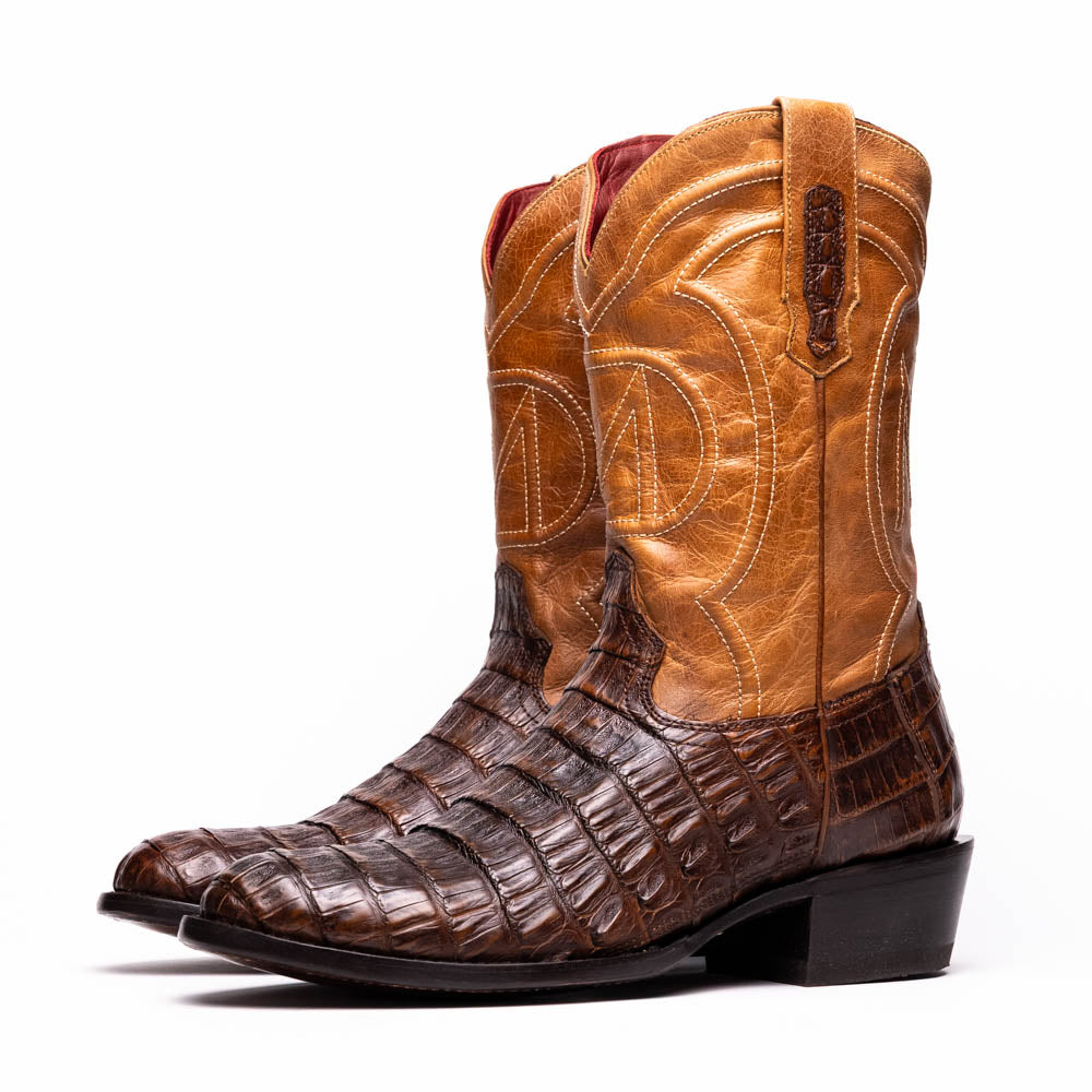 Phoenix Aged Maple genuine caiman belly skin cowboy boot with full-grain leather shaft and round toe finish from Western Collection
