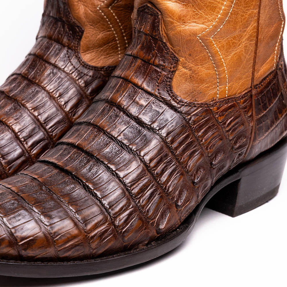 Phoenix Aged Maple cowboy boot with caiman belly texture and leather shaft