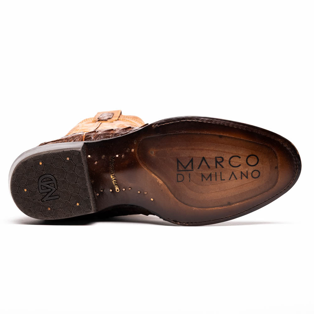 Sole of a Phoenix Aged Maple cowboy boot featuring genuine caiman belly skin and full-grain leather with Marco Di Milano branding.