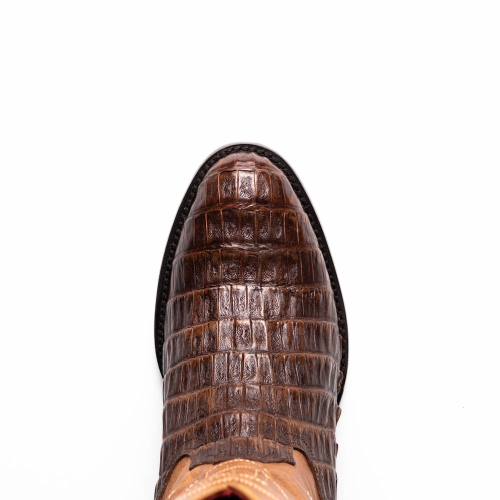 Phoenix Aged Maple cowboy boot with caiman belly skin and round toe detail