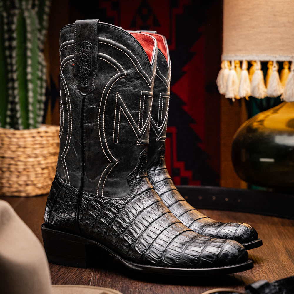 Phoenix Black cowboy boot, genuine caiman belly skin, Western style with polished finish, round toe, full-grain leather shaft