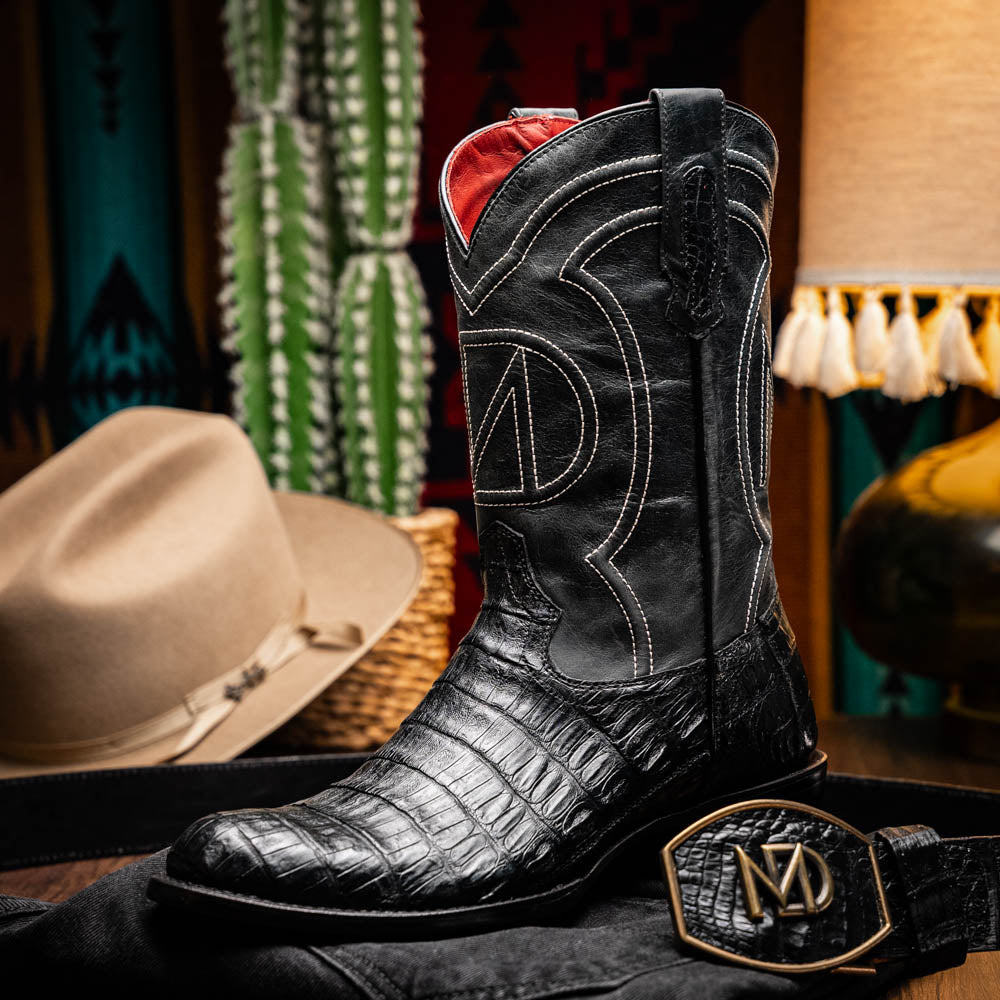 Phoenix Black cowboy boot made from genuine caiman belly skin with round toe and full-grain leather shaft, Western Collection design