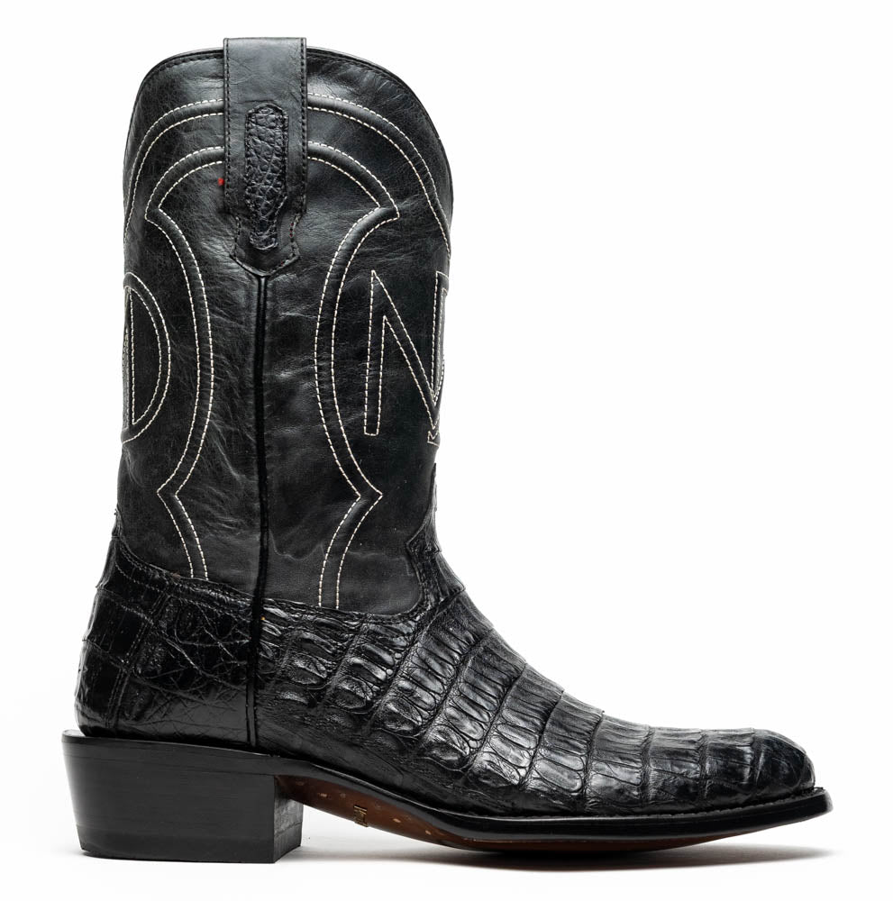 Phoenix Black cowboy boot with genuine caiman belly skin and detailed stitching, part of the Western Collection.