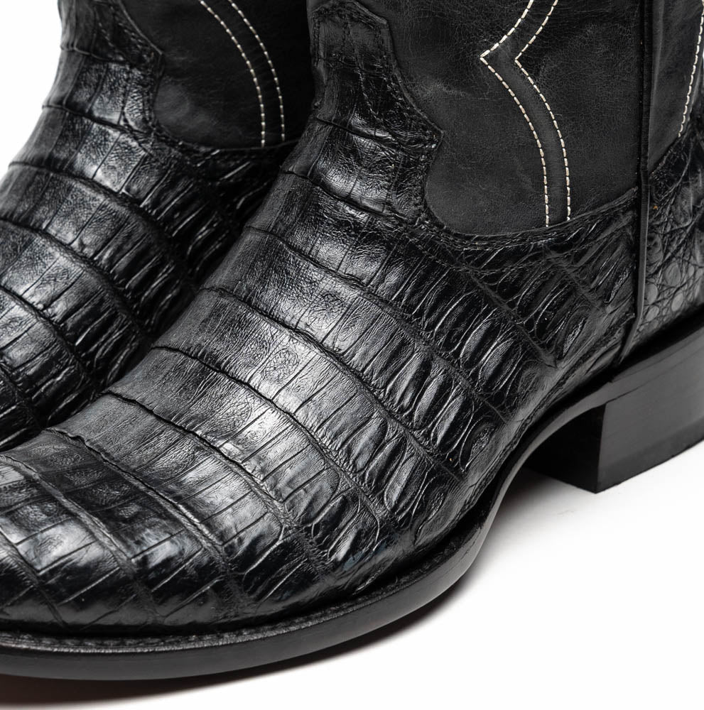 Phoenix Black cowboy boots with genuine caiman belly skin and full-grain leather shaft from Western Collection.