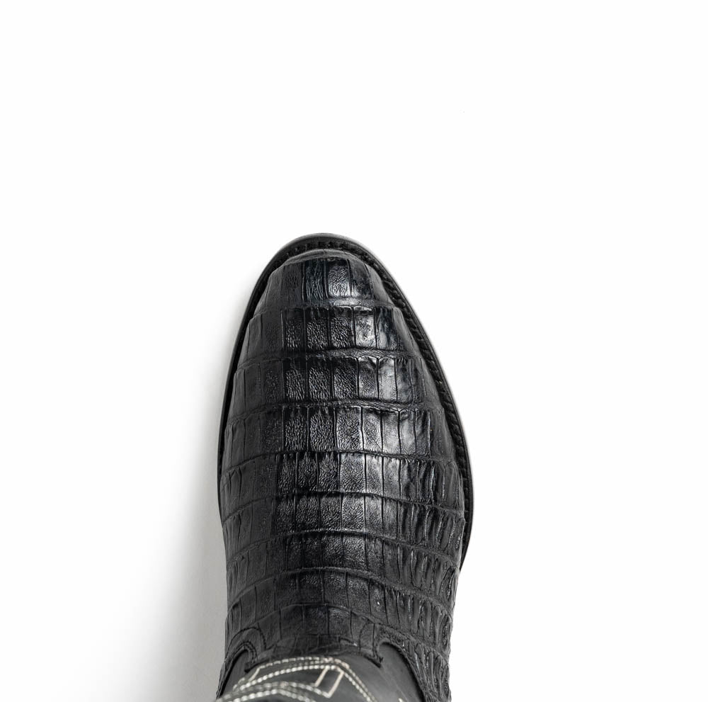 Phoenix Black boot with caiman belly skin and round toe design, showcasing Western craftsmanship and elegance.