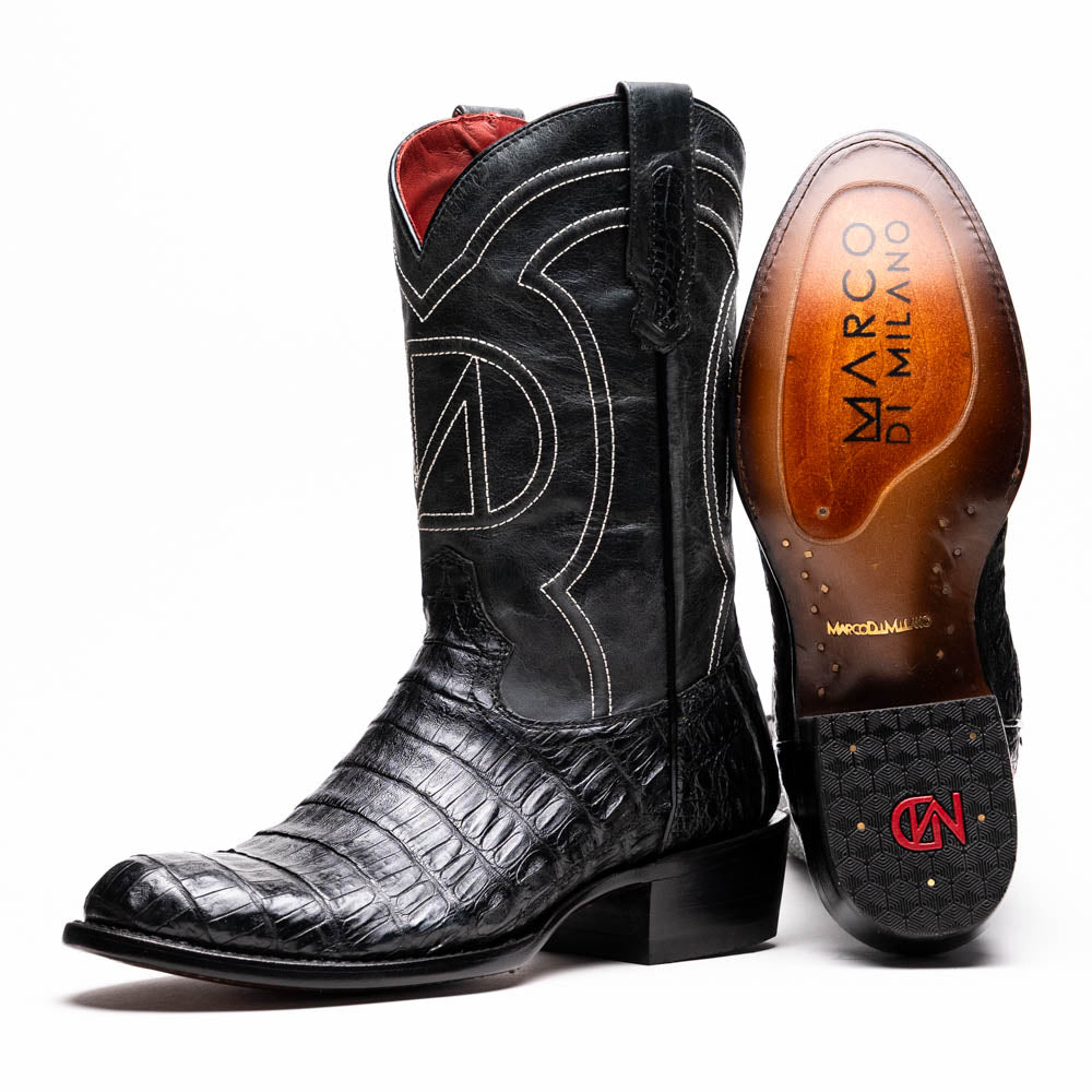 Phoenix Black cowboy boot with genuine caiman belly skin and Western design.
