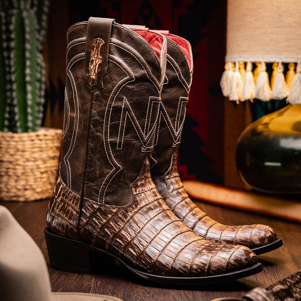 Phoenix Stone Brown cowboy boot made from genuine caiman belly skin, featuring a full-grain leather shaft with a smooth texture and scale pattern.