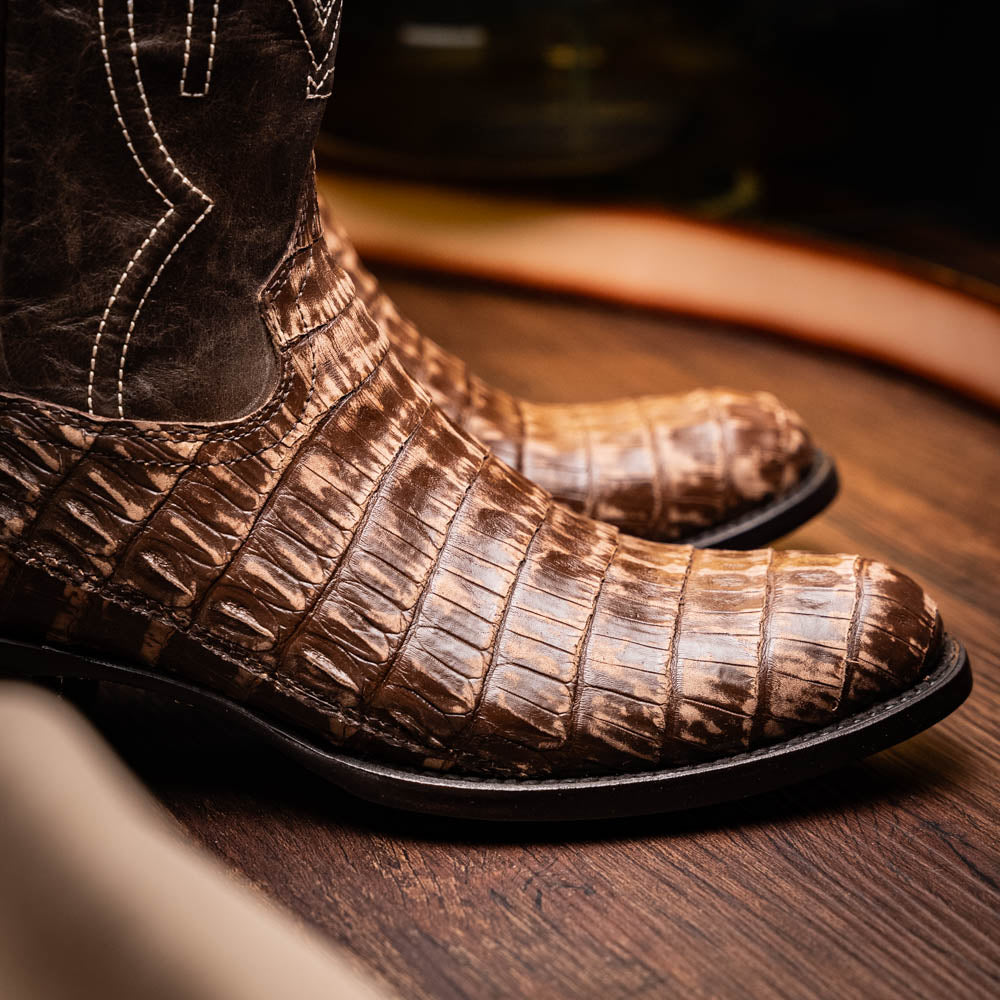 Phoenix Stone Brown caiman belly cowboy boots with full-grain leather