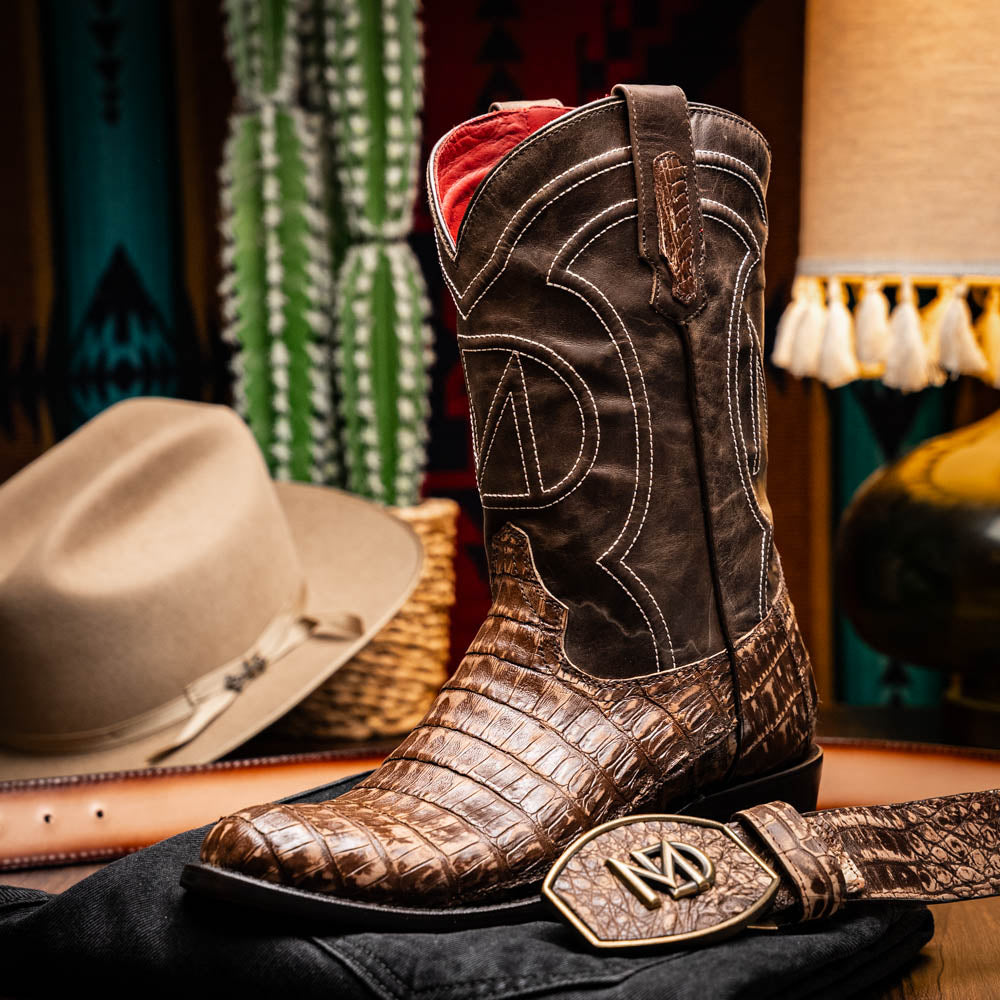 Phoenix Stone Brown cowboy boot crafted from genuine caiman belly skin with a full-grain leather shaft, showcasing a Western style.