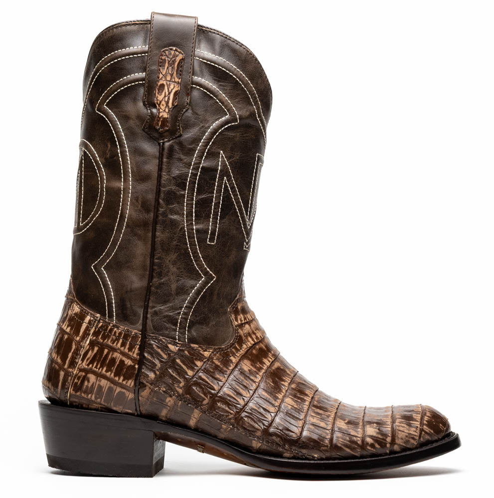 Phoenix Stone Brown cowboy boot made from genuine caiman belly skin, featuring a Western design and full-grain leather shaft.