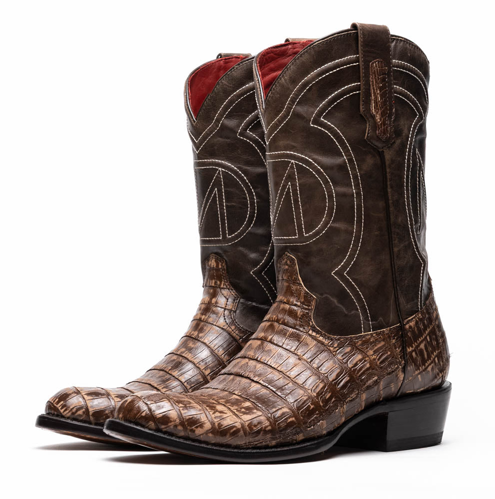 Phoenix Stone Brown cowboy boots with caiman belly skin and leather shaft, Western Collection.