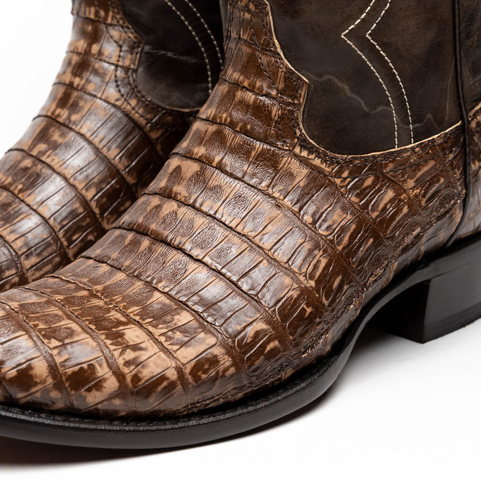 Phoenix Stone Brown cowboy boot with genuine caiman belly skin and full-grain leather, from the Western Collection.